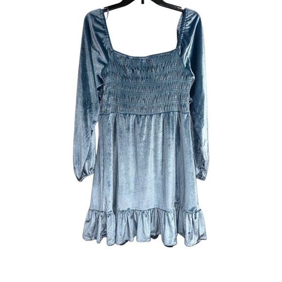 Lauren Conrad LC Blue Velvet Long Sleeve Dress Smocked Top Medium Women Babydoll - Picture 4 of 4